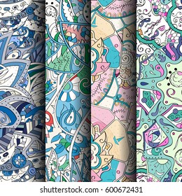 Set of tracery colorful seamless patterns. Curved doodling backgrounds for textile or printing with mehndi and ethnic motives. Vector.