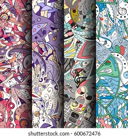 Set of tracery colorful seamless patterns. Curved doodling backgrounds for textile or printing with mehndi and ethnic motives. Vector.
