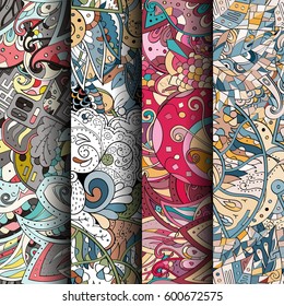 Set of tracery colorful seamless patterns. Curved doodling backgrounds for textile or printing with mehndi and ethnic motives. Vector.