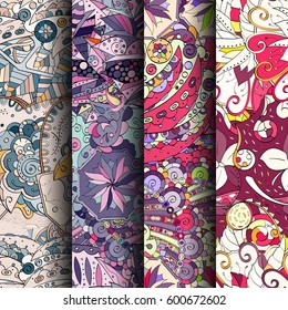 Set of tracery colorful seamless patterns. Curved doodling backgrounds for textile or printing with mehndi and ethnic motives. Vector.