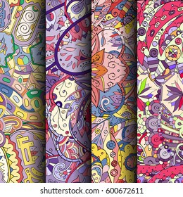 Set of tracery colorful seamless patterns. Curved doodling backgrounds for textile or printing with mehndi and ethnic motives. Vector.