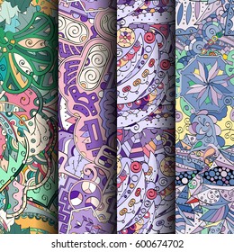 Set of tracery colorful seamless patterns. Curved doodling backgrounds for textile or printing with mehndi and ethnic motives. Vector.