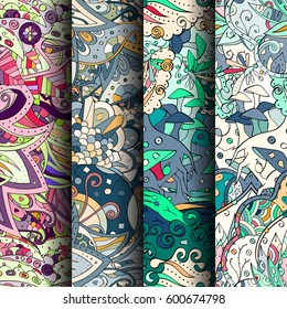 Set of tracery colorful seamless patterns. Curved doodling backgrounds for textile or printing with mehndi and ethnic motives. Vector.