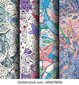 Set of tracery colorful seamless patterns. Curved doodling backgrounds for textile or printing with mehndi and ethnic motives. Vector.
