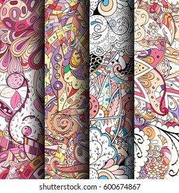 Set of tracery colorful seamless patterns. Curved doodling backgrounds for textile or printing with mehndi and ethnic motives. Vector.