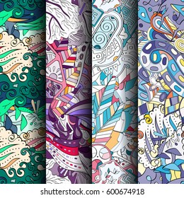 Set of tracery colorful seamless patterns. Curved doodling backgrounds for textile or printing with mehndi and ethnic motives. Vector.