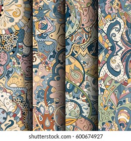 Set of tracery colorful seamless patterns. Curved doodling backgrounds for textile or printing with mehndi and ethnic motives. Vector.