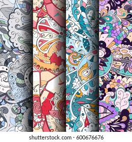 Set of tracery colorful seamless patterns. Curved doodling backgrounds for textile or printing with mehndi and ethnic motives. Vector.