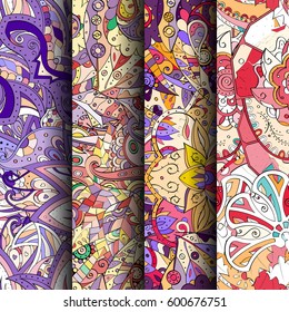 Set of tracery colorful seamless patterns. Curved doodling backgrounds for textile or printing with mehndi and ethnic motives. Vector.