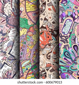 Set of tracery colorful seamless patterns. Curved doodling backgrounds for textile or printing with mehndi and ethnic motives. Vector.