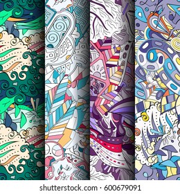 Set of tracery colorful seamless patterns. Curved doodling backgrounds for textile or printing with mehndi and ethnic motives. Vector.