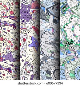 Set of tracery colorful seamless patterns. Curved doodling backgrounds for textile or printing with mehndi and ethnic motives. Vector.