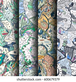 Set of tracery colorful seamless patterns. Curved doodling backgrounds for textile or printing with mehndi and ethnic motives. Vector.