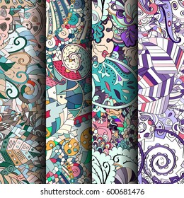 Set of tracery colorful seamless patterns. Curved doodling backgrounds for textile or printing with mehndi and ethnic motives. Vector.