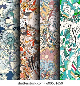 Set of tracery colorful seamless patterns. Curved doodling backgrounds for textile or printing with mehndi and ethnic motives. Vector.
