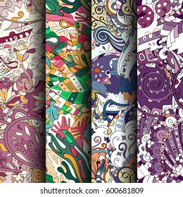 Set of tracery colorful seamless patterns. Curved doodling backgrounds for textile or printing with mehndi and ethnic motives. Vector.