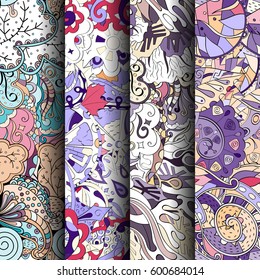 Set of tracery colorful seamless patterns. Curved doodling backgrounds for textile or printing with mehndi and ethnic motives. Vector.