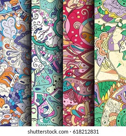 Set of tracery colorful seamless patterns. Curved doodling backgrounds for textile or printing with mehndi and ethnic motives. Vector.