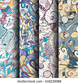 Set of tracery colorful seamless patterns. Curved doodling backgrounds for textile or printing with mehndi and ethnic motives. Vector.