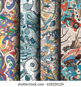 Set of tracery colorful seamless patterns. Curved doodling backgrounds for textile or printing with mehndi and ethnic motives. Vector.