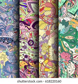Set of tracery colorful seamless patterns. Curved doodling backgrounds for textile or printing with mehndi and ethnic motives. Vector.