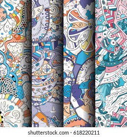 Set of tracery colorful seamless patterns. Curved doodling backgrounds for textile or printing with mehndi and ethnic motives. Vector.
