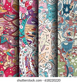 Set of tracery colorful seamless patterns. Curved doodling backgrounds for textile or printing with mehndi and ethnic motives. Vector.