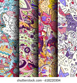Set of tracery colorful seamless patterns. Curved doodling backgrounds for textile or printing with mehndi and ethnic motives. Vector.