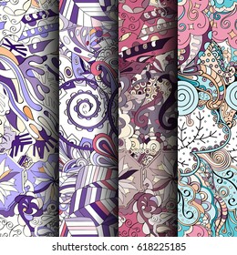 Set of tracery colorful seamless patterns. Curved doodling backgrounds for textile or printing with mehndi and ethnic motives. Vector.