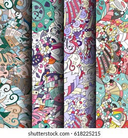 Set of tracery colorful seamless patterns. Curved doodling backgrounds for textile or printing with mehndi and ethnic motives. Vector.