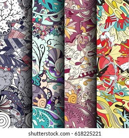 Set of tracery colorful seamless patterns. Curved doodling backgrounds for textile or printing with mehndi and ethnic motives. Vector.