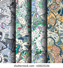 Set of tracery colorful seamless patterns. Curved doodling backgrounds for textile or printing with mehndi and ethnic motives. Vector.