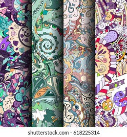 Set of tracery colorful seamless patterns. Curved doodling backgrounds for textile or printing with mehndi and ethnic motives. Vector.
