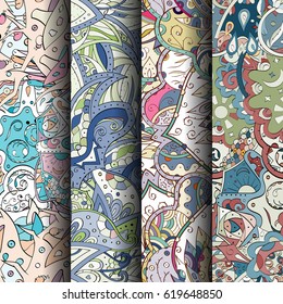 Set of tracery colorful seamless patterns. Curved doodling backgrounds for textile or printing with mehndi and ethnic motives. Vector.