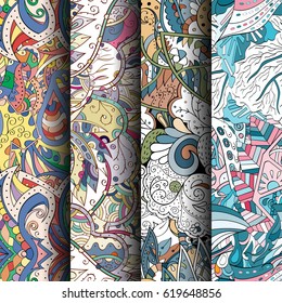 Set of tracery colorful seamless patterns. Curved doodling backgrounds for textile or printing with mehndi and ethnic motives. Vector.