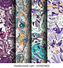 Set of tracery colorful seamless patterns. Curved doodling backgrounds for textile or printing with mehndi and ethnic motives. Vector.