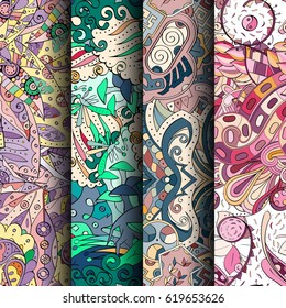 Set of tracery colorful seamless patterns. Curved doodling backgrounds for textile or printing with mehndi and ethnic motives. Vector.