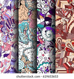 Set of tracery colorful seamless patterns. Curved doodling backgrounds for textile or printing with mehndi and ethnic motives. Vector.