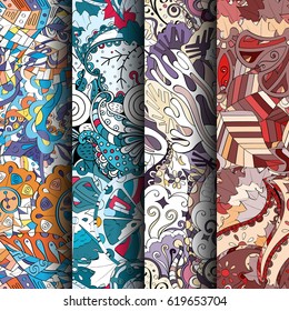 Set of tracery colorful seamless patterns. Curved doodling backgrounds for textile or printing with mehndi and ethnic motives. Vector.
