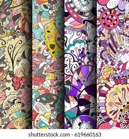 Set of tracery colorful seamless patterns. Curved doodling backgrounds for textile or printing with mehndi and ethnic motives. Vector.
