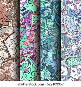 Set of tracery colorful seamless patterns. Curved doodling backgrounds for textile or printing with mehndi and ethnic motives. Vector