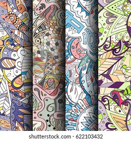 Set of tracery colorful seamless patterns. Curved doodling backgrounds for textile or printing with mehndi and ethnic motives. Vector