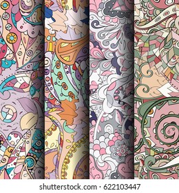 Set of tracery colorful seamless patterns. Curved doodling backgrounds for textile or printing with mehndi and ethnic motives. Vector