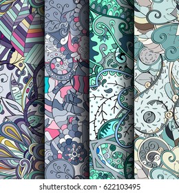 Set of tracery colorful seamless patterns. Curved doodling backgrounds for textile or printing with mehndi and ethnic motives. Vector