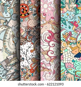 Set of tracery colorful seamless patterns. Curved doodling backgrounds for textile or printing with mehndi and ethnic motives. Vector