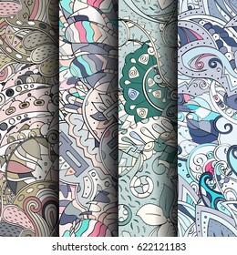 Set of tracery colorful seamless patterns. Curved doodling backgrounds for textile or printing with mehndi and ethnic motives. Vector