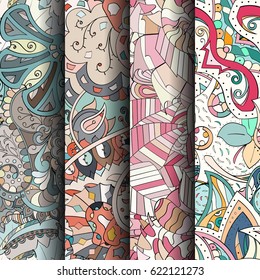 Set of tracery colorful seamless patterns. Curved doodling backgrounds for textile or printing with mehndi and ethnic motives. Vector