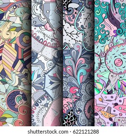 Set of tracery colorful seamless patterns. Curved doodling backgrounds for textile or printing with mehndi and ethnic motives. Vector