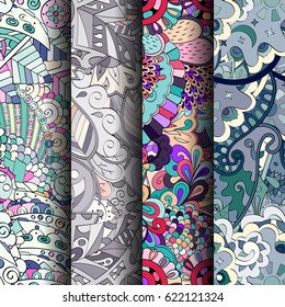 Set of tracery colorful seamless patterns. Curved doodling backgrounds for textile or printing with mehndi and ethnic motives. Vector
