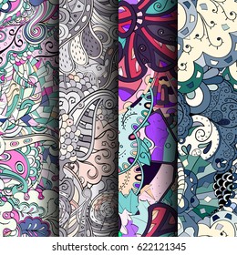 Set of tracery colorful seamless patterns. Curved doodling backgrounds for textile or printing with mehndi and ethnic motives. Vector